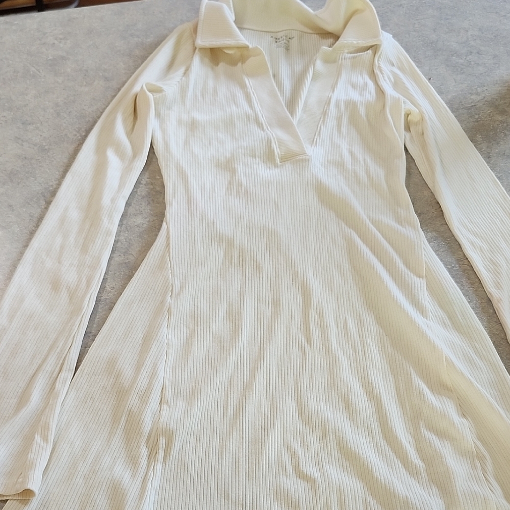 Cream Ribbed Long Sleeve Dress